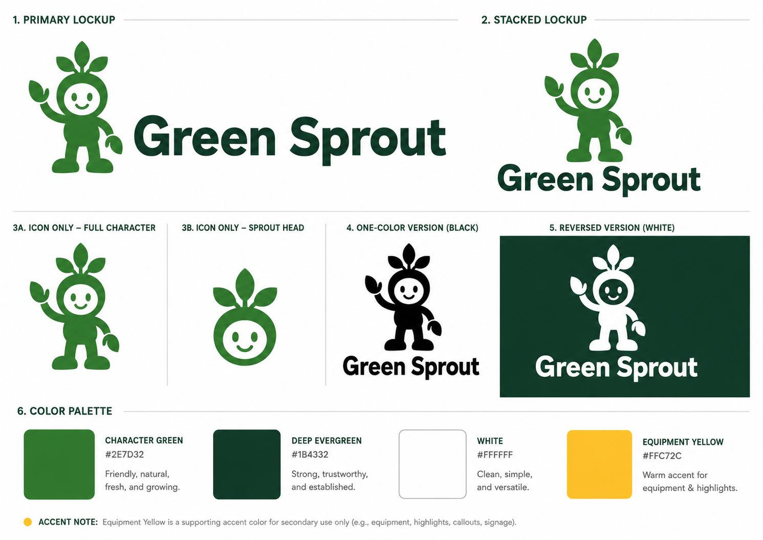 Friendly character logo system: primary lockup, stacked, icon, one-color, reversed, and palette